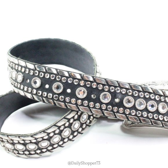 Kippys Women\'s Iconic Cowboy Black Leather Rhinestone Studded Silver Buckle Belt main image 4
